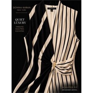 Donna Karan Striped Wrap Dress 10 Black Cream Gold Accent Midi Workwear Cocktail